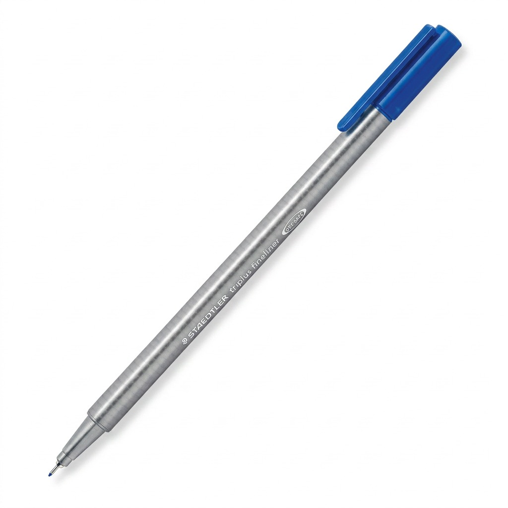 A crisp, high-resolution hero shot of a single STAEDTLER triplus fineliner pen, 0.3mm blue, on a pure white background.