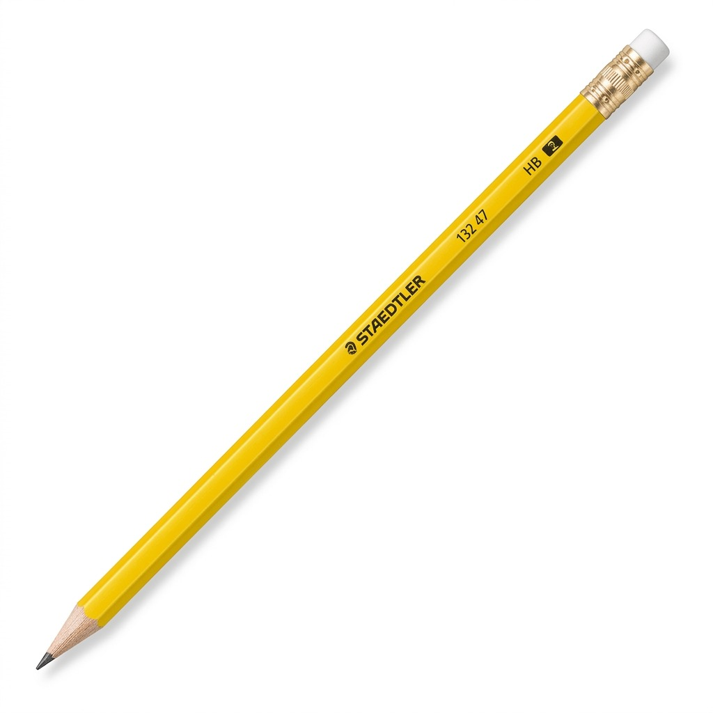 A high-resolution, centered view of a single yellow Staedtler 132 47 HB pencil, with white eraser.