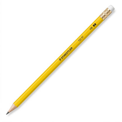A high-resolution, centered view of a single yellow Staedtler 132 47 HB pencil, with white eraser.