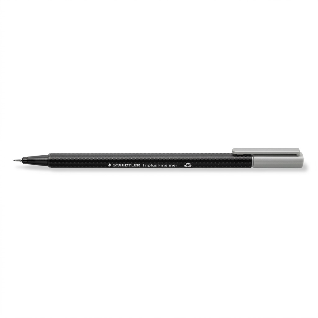 Pure high-resolution hero shot of a single black Staedtler Triplus Fineliner on a white background.