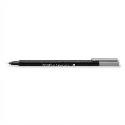 Pure high-resolution hero shot of a single black Staedtler Triplus Fineliner on a white background.