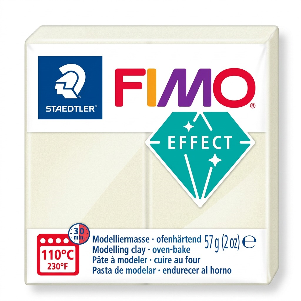 A pristine high-resolution hero shot of the 57g (2 oz) STAEDTLER FIMO Effect Noctilucent oven-bake modelling clay block, featuring its multi-colored logo and sparkling EFFECT diamond icon, centered on a pure white background.