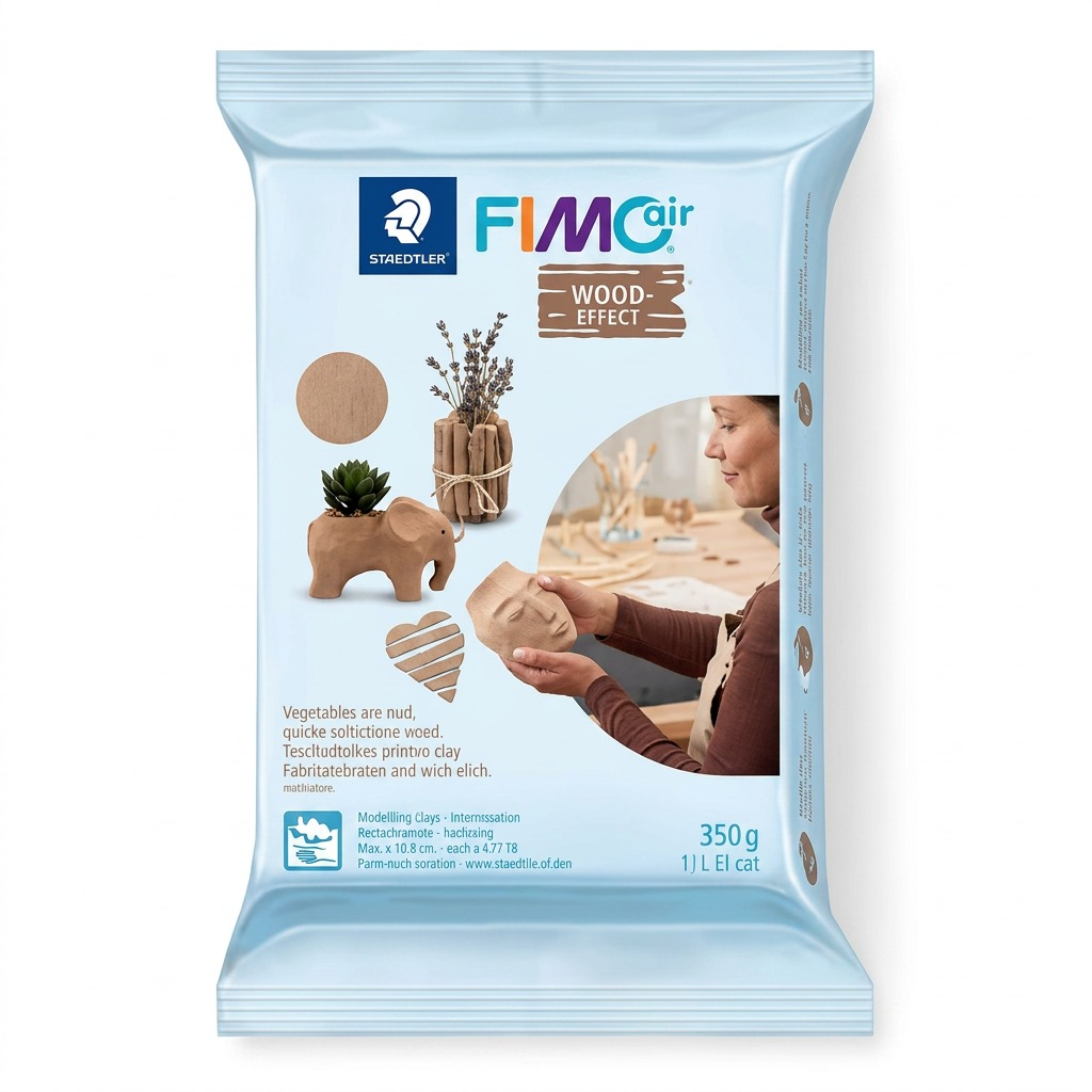 A high-resolution, centered view of the STAEDTLER Fimoair Wood Effect 350g modelling clay pack.