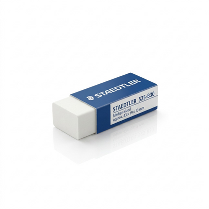A professional product shot of the Staedtler 525-B30 PVC-free mini eraser with its blue sleeve on a white backdrop.