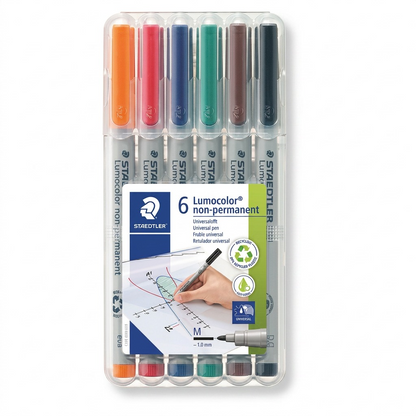 A high-resolution photograph of the STAEDTLER Lumocolor non-permanent 6-pen set on a pure white background.