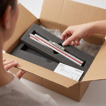 A premium unboxing view of the precise STAEDTLER triangular scale in protective foam lining within a sturdy corrugated box.