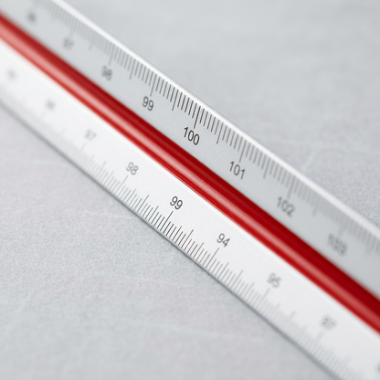 Macro photo of precision STAEDTLER 30cm triangular scale ruler with crisp metric micro-markings.