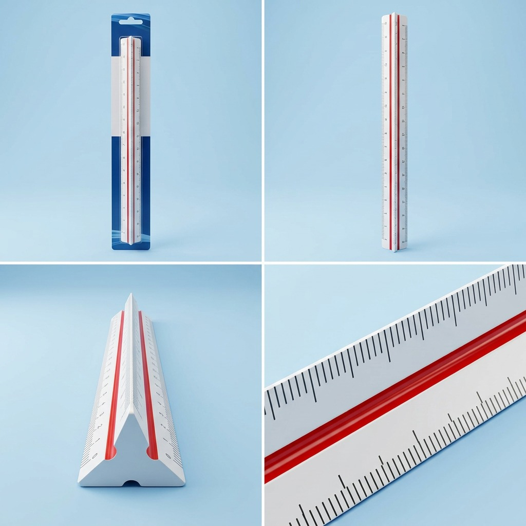 PDP visual matrix showcasing STAEDTLER Mars 30cm triangular metric ruler from front packaging, product angles, and scale details.