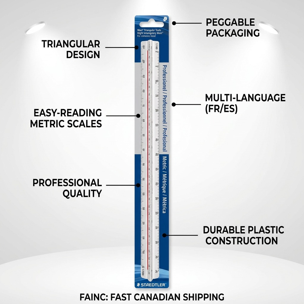Infographic showing STAEDTLER Mars 30cm triangular metric ruler with technical callouts.