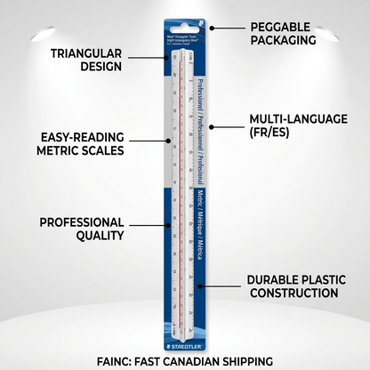 Infographic showing STAEDTLER Mars 30cm triangular metric ruler with technical callouts.