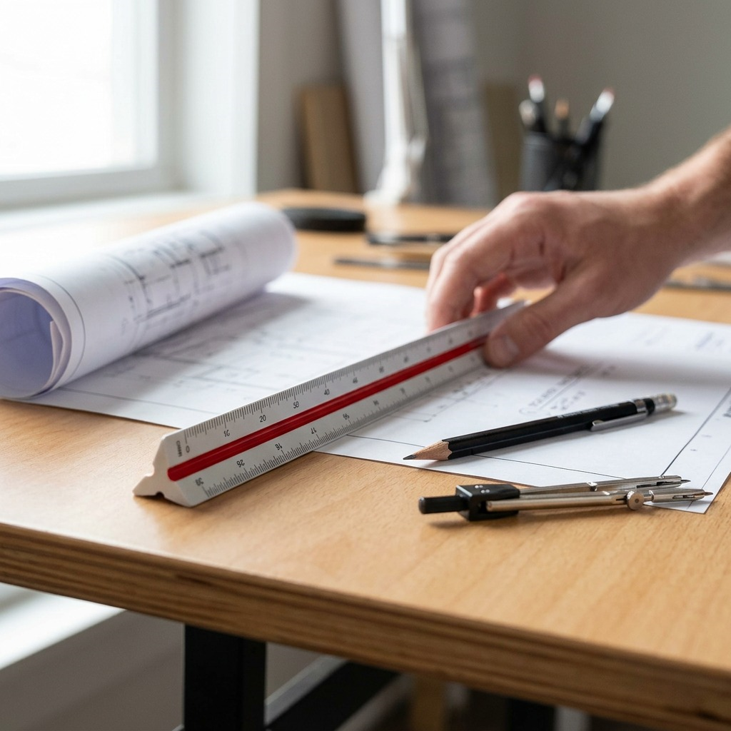 A photograph of the triangular scale ruler lying on a wooden drafting table. A hand is reaching for it, but the focus is on the ruler.
