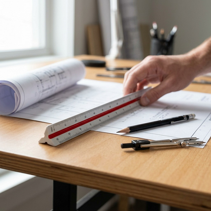 A photograph of the triangular scale ruler lying on a wooden drafting table. A hand is reaching for it, but the focus is on the ruler.