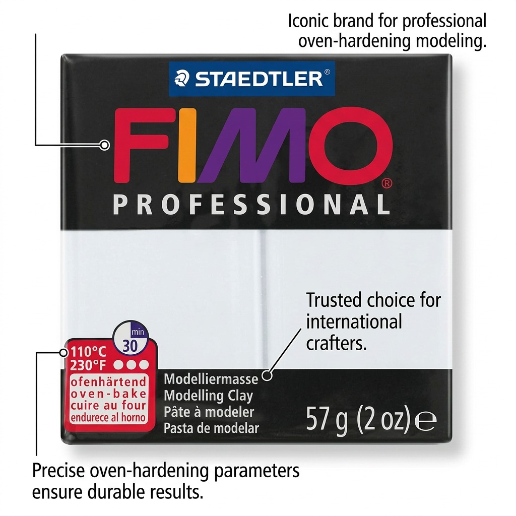 Fimo Professional White clay package with three feature callouts.