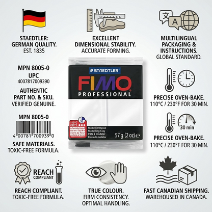 PDP visual matrix infographic for STAEDTLER FIMO Professional White clay, showing central product with trust-building icons for German quality, modelling features, safety compliance, and fast Canadian shipping.