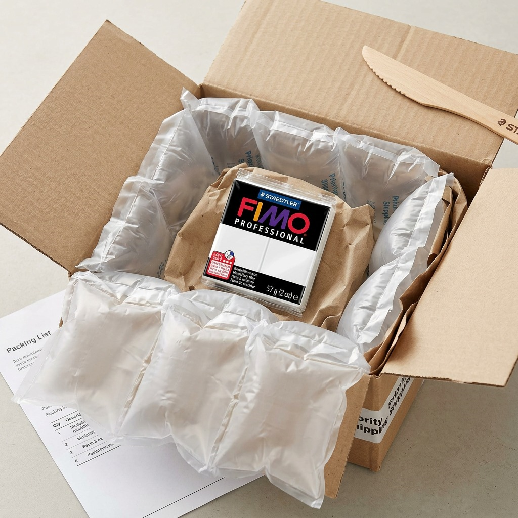 FIMO Professional White 57g in an open shipping box with thick air pillows, demonstrating protected delivery.