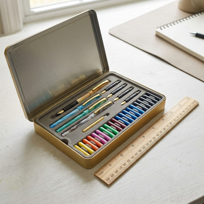 PDP visual matrix image showing the open STAEDTLER calligraphy tin set alongside a standard, realistic wooden ruler for precise scale.