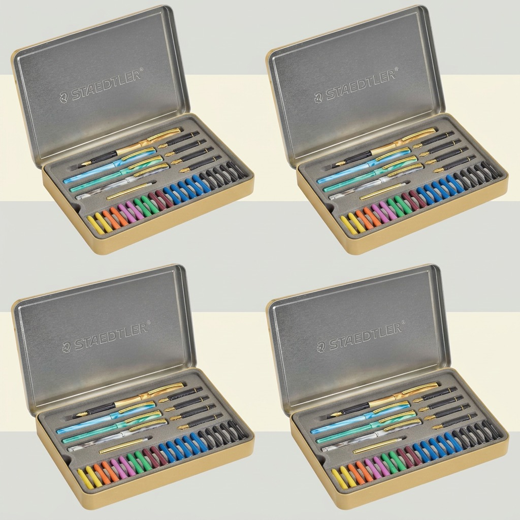 A configuration matrix showing four identical open STAEDTLER calligraphy sets on a grid background.