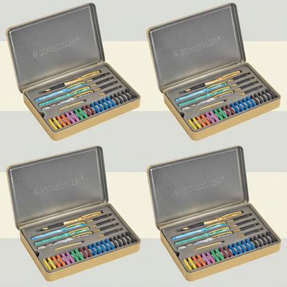 A configuration matrix showing four identical open STAEDTLER calligraphy sets on a grid background.
