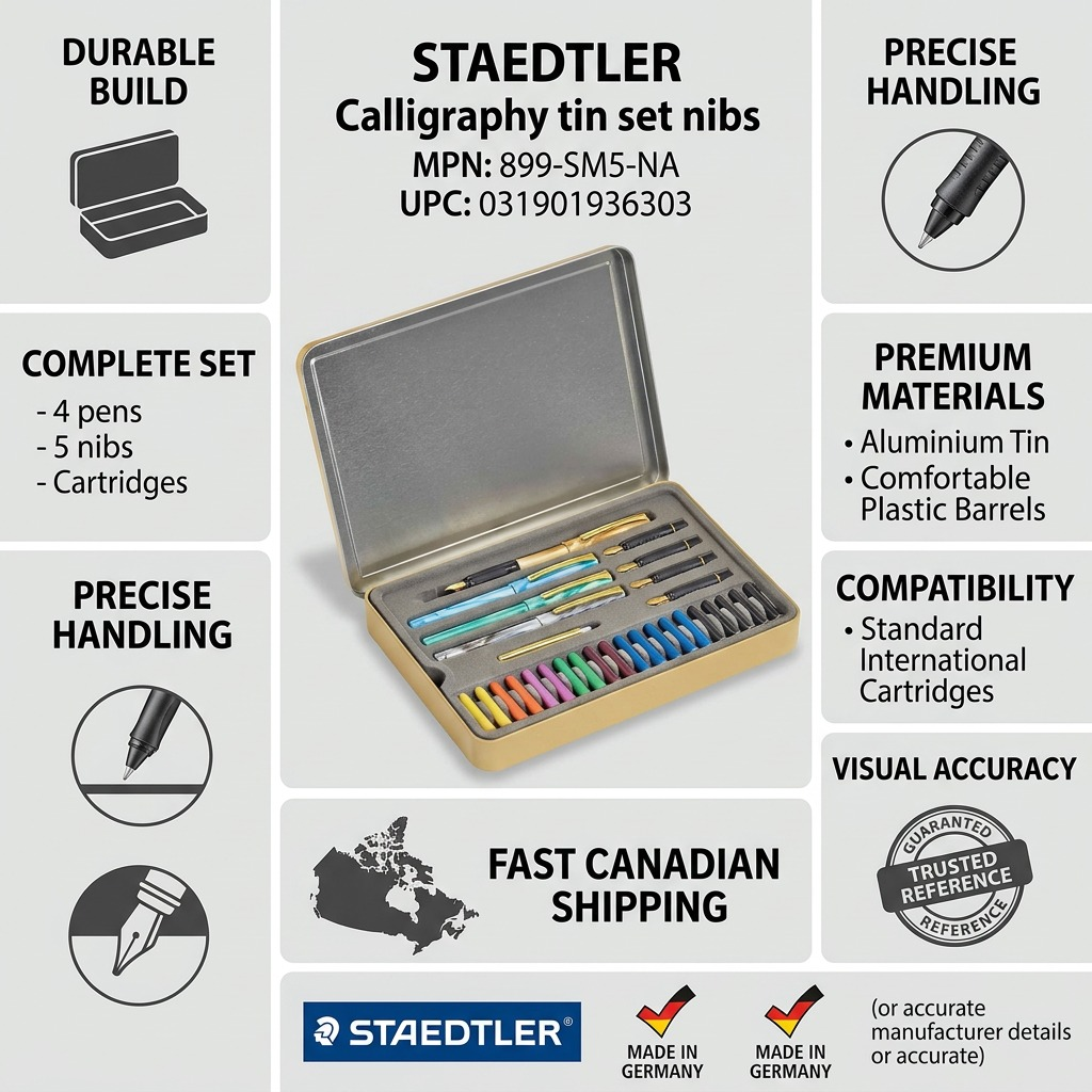 An infographic matrix featuring the STAEDTLER calligraphy set tin as the central visual, surrounded by icons and text about its features and reliable Canadian shipping.