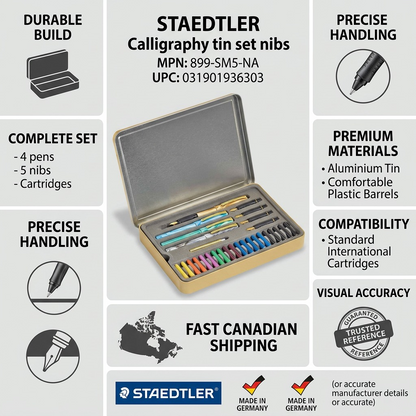 An infographic matrix featuring the STAEDTLER calligraphy set tin as the central visual, surrounded by icons and text about its features and reliable Canadian shipping.