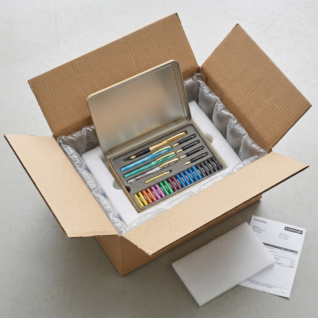 A high-angle photo shows a calligraphy pen tin in an open cardboard box, nestled safely in air cushions.