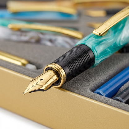 Macro close-up of a STAEDTLER calligraphy gold-tone nib and its connection to the swirled resin pen.