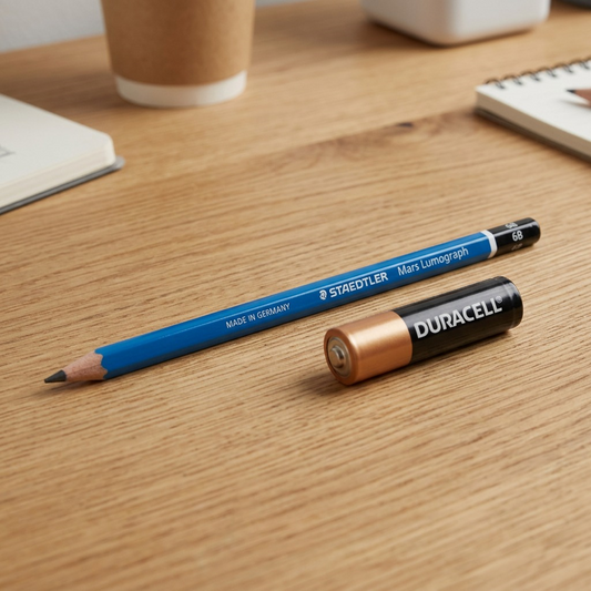 A close-up shot of a Staedtler Mars Lumograph pencil, matched to image_0.png, resting on a wooden desk next to a standard AA battery for scale.