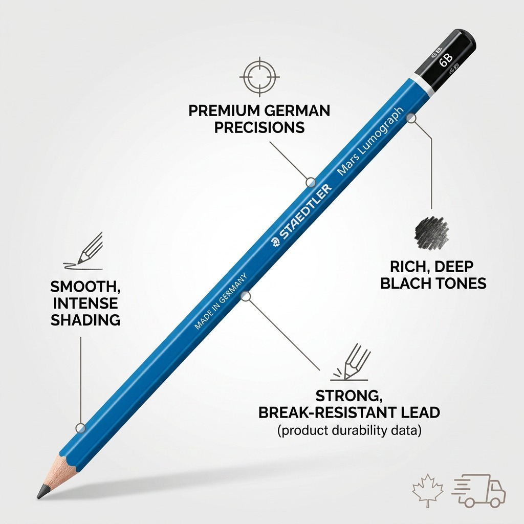 A clean feature callout graphic presenting a professional photo of the STAEDTLER Mars Lumograph 6B pencil (image_0.png) with minimal point-lines and factual benefit text. Callouts include "Smooth, intense shading" pointing to the sharpened graphite, "Rich, deep black tones" from the 6B lead, and "Strong, break-resistant lead" denoting durability. The pencil rests on a neutral background, and quick shipping icons are subtly included.