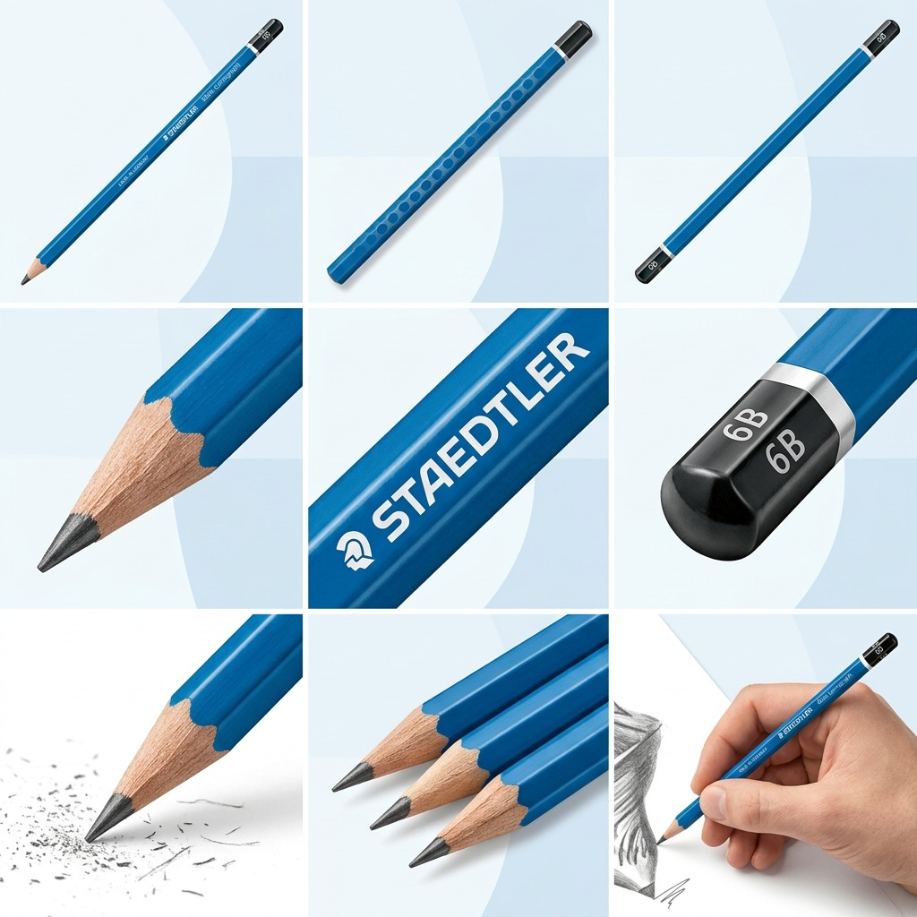 A matrix of nine views of the blue STAEDTLER Mars Lumograph 6B drawing pencil on a light grey background.