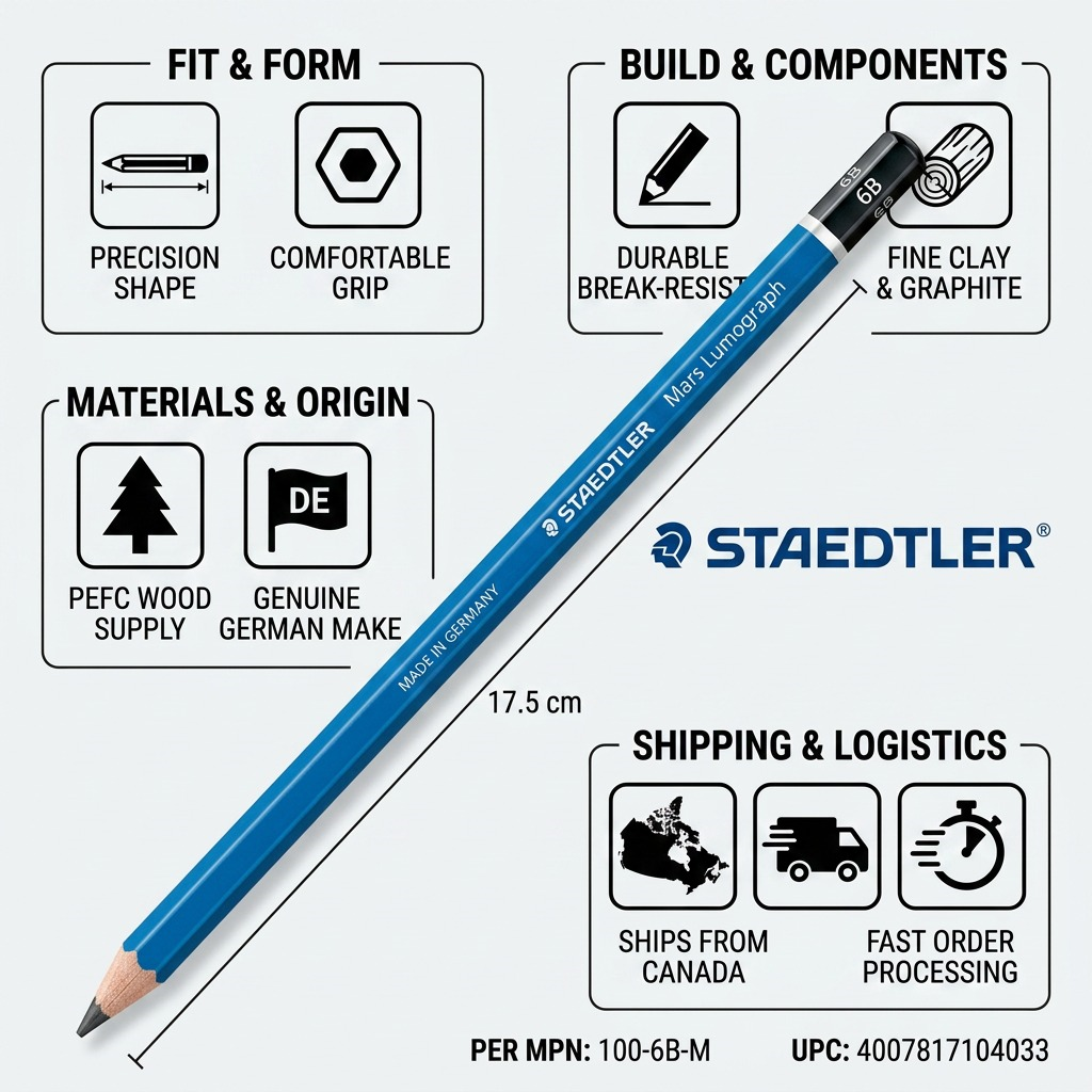 An infographic showing the STAEDTLER Mars Lumograph 6B pencil with factual cues like 'MADE IN GERMANY' and 'FAST CANADIAN SHIPPING'.