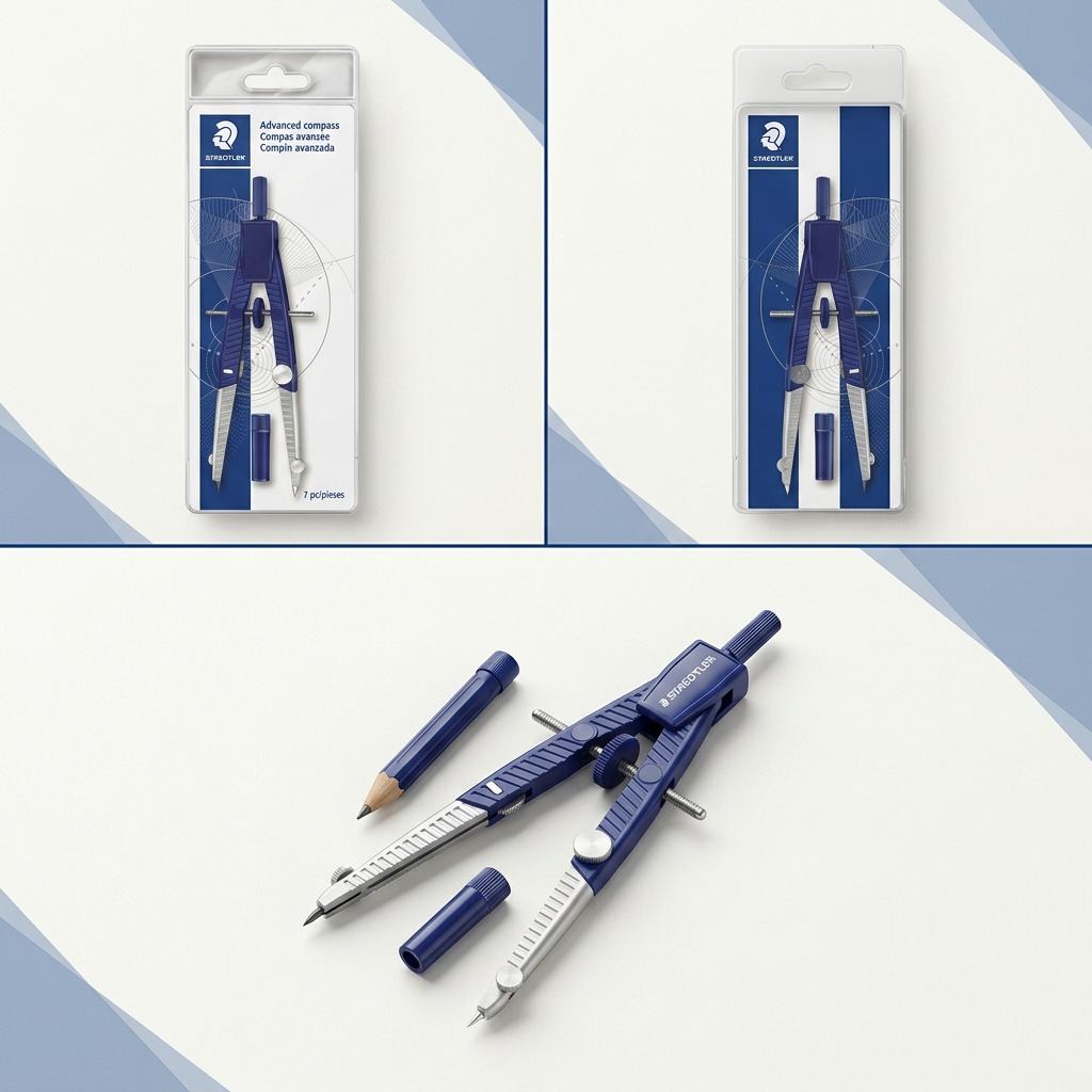 A matrix of three images features the Staedtler 550 math compass set from front, back, and side views.