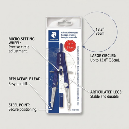 E-commerce display for STAEDTLER Mars Limited 6" compass in packaging, featuring precise callout lines and descriptive benefit text.