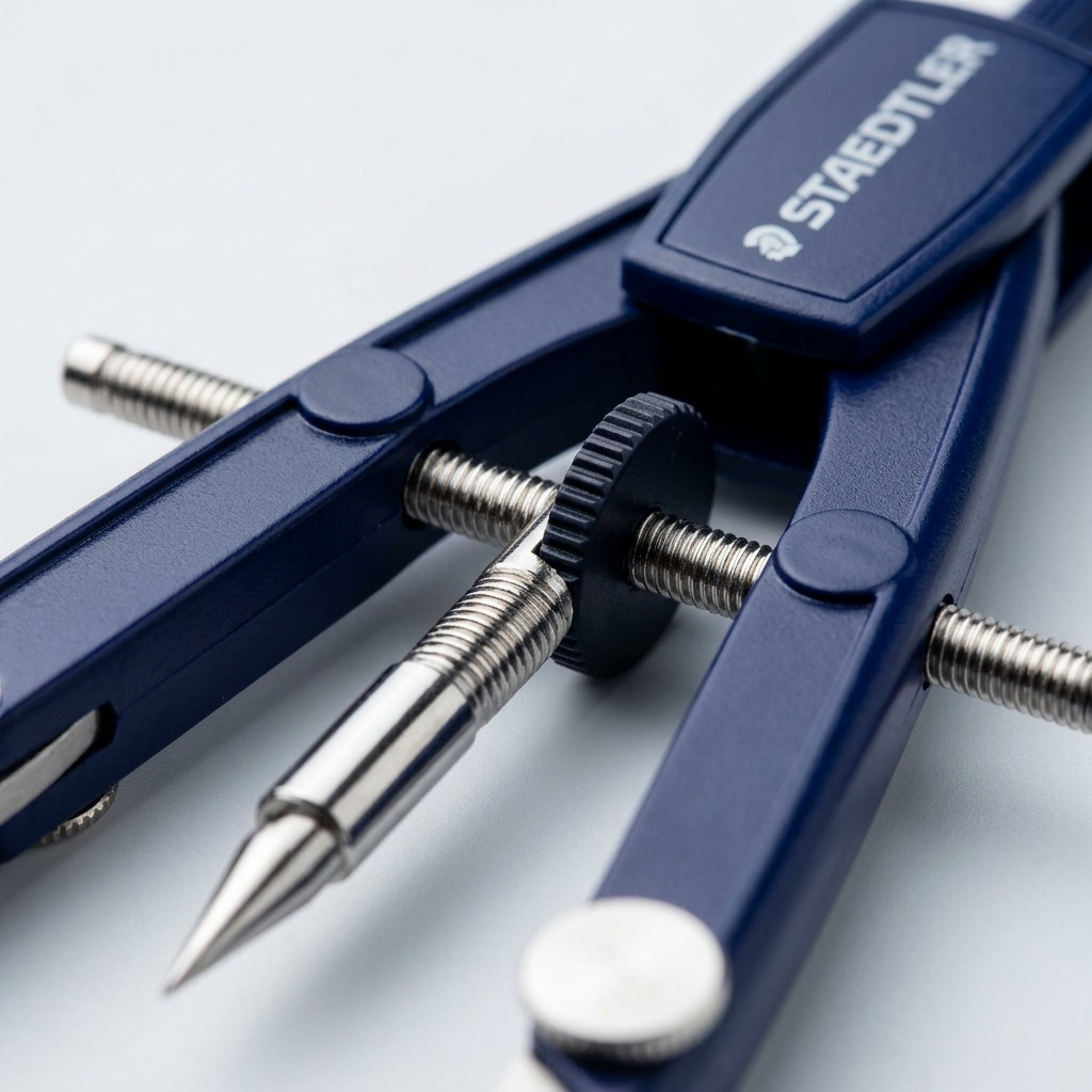 Macro photo focusing on the textured wheel and threaded spindle precision mechanics of a STAEDTLER compass.