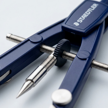 Macro photo focusing on the textured wheel and threaded spindle precision mechanics of a STAEDTLER compass.