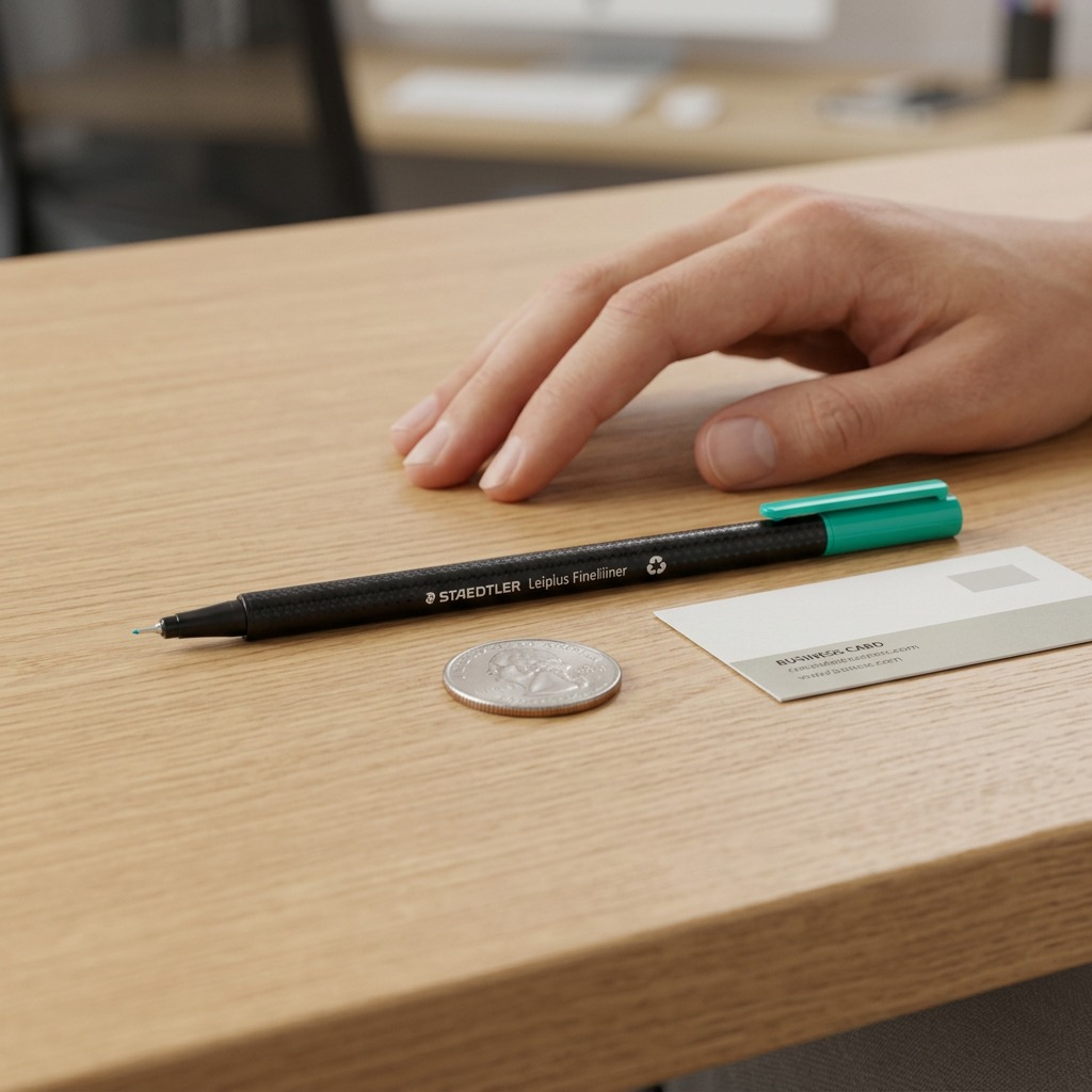 A product photograph from slightly above, showing the specific black-textured STAEDTLER fineliner pen with its distinctive teal cap next to a standard American Quarter and a generic business card on a neutral-toned wooden desk. The composition clearly illustrates the pen's length and ergonomic, non-slip grip. The lighting is clean and even.