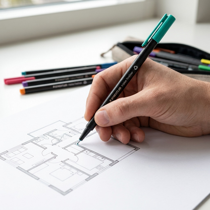 A lifestyle image showing the teal STAEDTLER triplus fineliner pen from image_0.png held delicately in a hand, used for sketching a detailed, precise map element next to a ruler and watercolor brushes on a light wood desk, illuminated by natural daylight from a window. The focus is on the pen's 0.3 mm tip and black carbon-fiber-patterned barrel with "STAEDTLER triplus fineliner" and the "Mix" logo visible. Shot in a bright, clean Canadian studio.