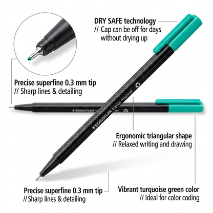 Detailed close-up on the pen's fine metal-clad tip and ergonomic body with benefit-oriented labels.