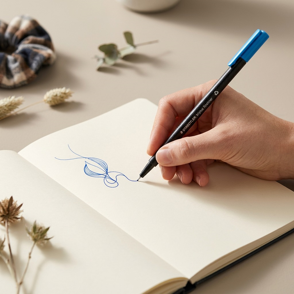 A lifestyle image showing the STAEDTLER triplus fineliner in hand on a paper sheet, blue ink visible.