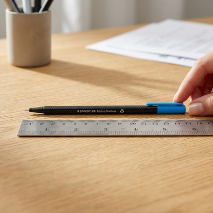 STAEDTLER Triplus Fineliner pen next to a ruler and other office items for size reference.