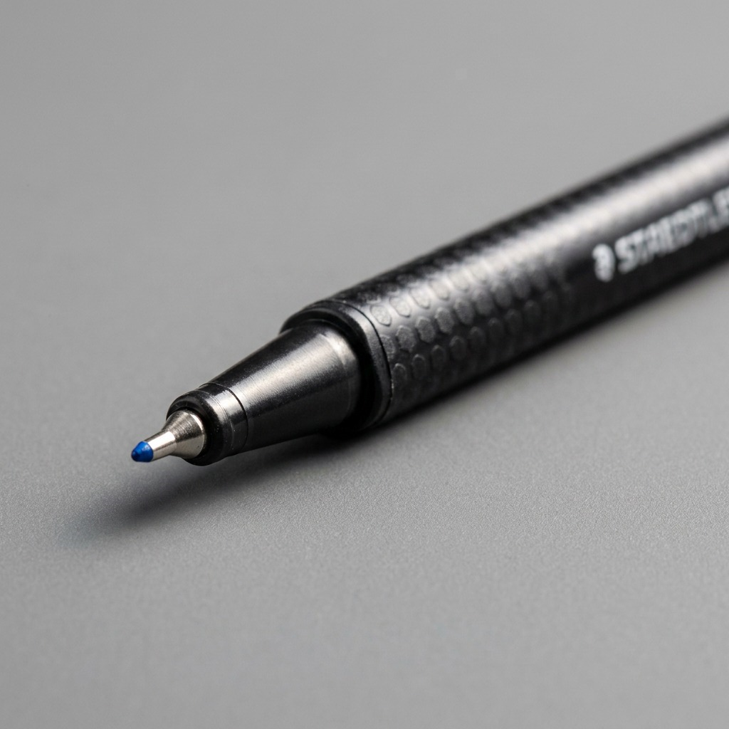 A macro photo focuses on the pen's fine point, tip, and blue color.