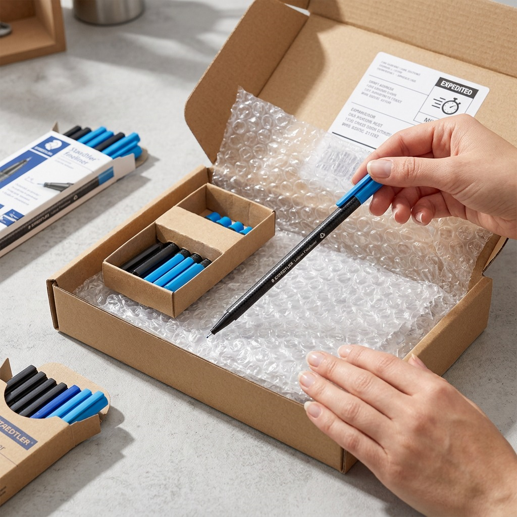 PDP image showing the STAEDTLER fineliner inside open protective bubble wrap packaging, with the retail box nearby, emphasizing safe arrival.