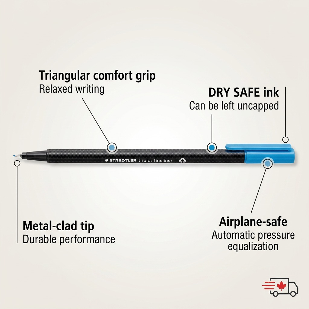 Ecommerce product graphic highlighting STAEDTLER triplus fineliner features with short callouts.