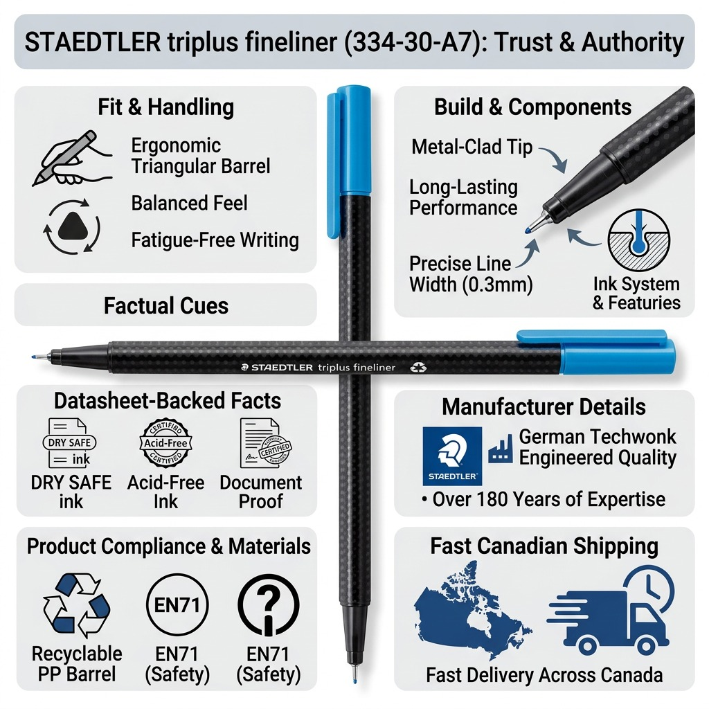 An infographic matrix for the STAEDTLER triplus fineliner (334-30-A7), showcasing factual features and quality assurances like DRY SAFE ink and fast Canadian shipping.
