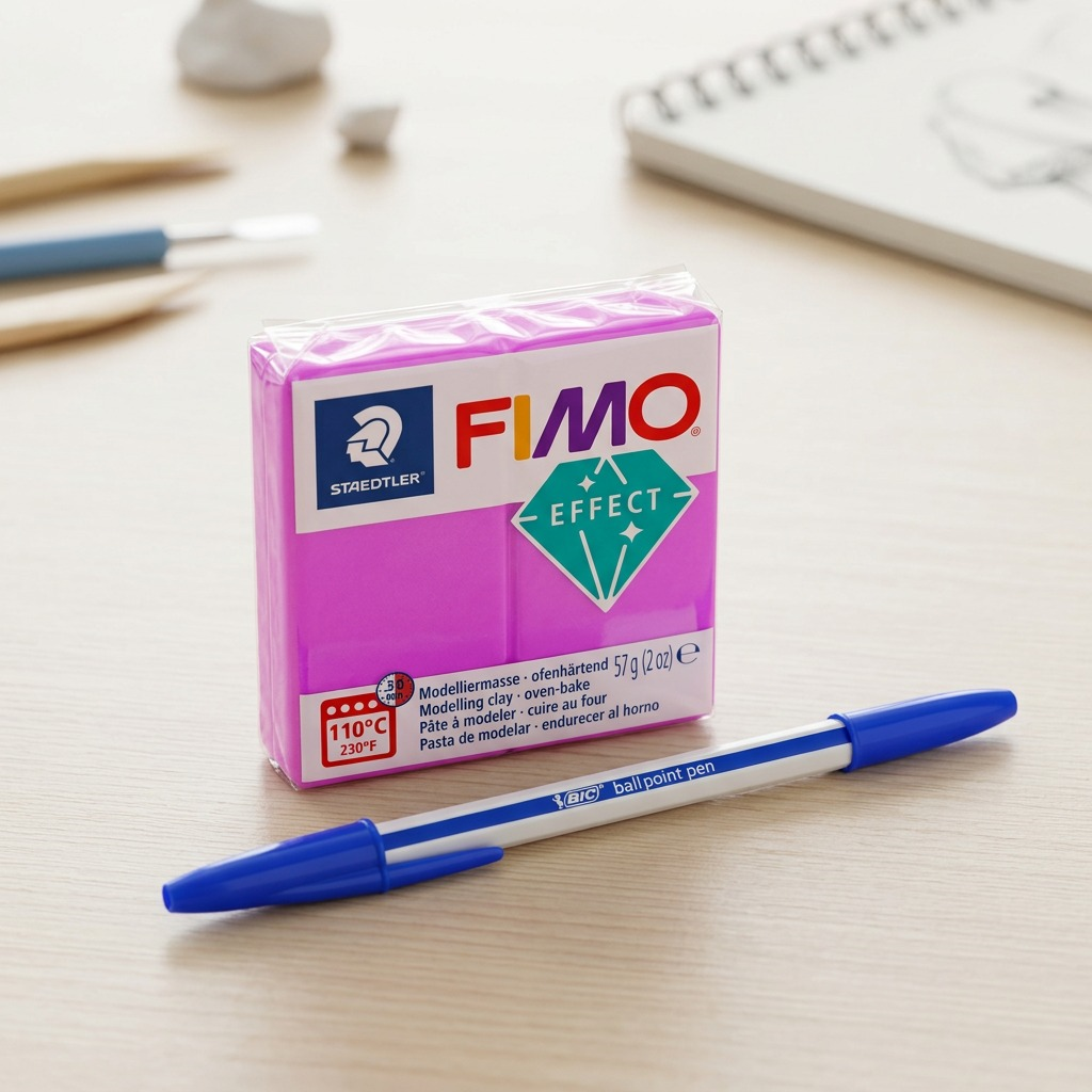 A 57g Fimo Effect Neon Purple block on a desk next to a ballpoint pen, demonstrating its scale for product understanding.