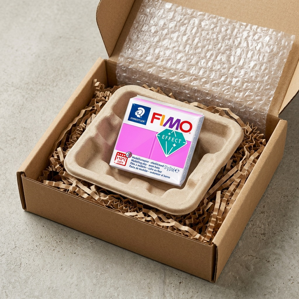 A premium unboxing view, with a block of FIMO Effect Neon Purple clay partially visible within a secure bubble-wrap insert inside a sturdy cardboard shipping box.