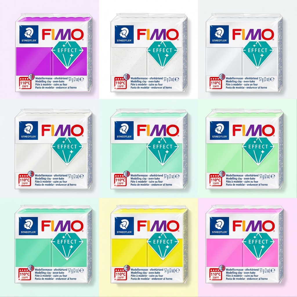 A 3x2 grid displaying six color variants of STAEDTLER Fimo Effect modeling clay, including the neon purple.
