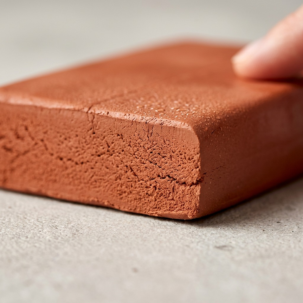 A detailed macro photo showing the fine, absorbent texture and the characteristic reddish-brown color of a precision-cut edge on the STAEDTLER Fimoair 1kg Terracotta modelling clay.