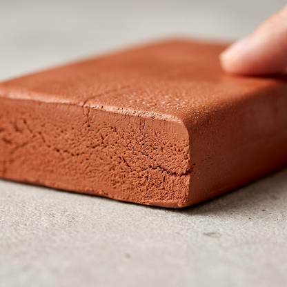 A detailed macro photo showing the fine, absorbent texture and the characteristic reddish-brown color of a precision-cut edge on the STAEDTLER Fimoair 1kg Terracotta modelling clay.