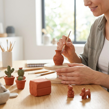 A person works at a desk, sculpting terracotta-colored air-dry clay into miniature pots.