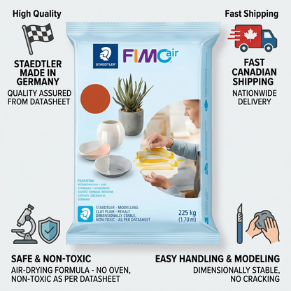 A PDP trust and authority infographic for STAEDTLER Fimoair 1kg Terracotta with feature icons and Canadian shipping cue.
